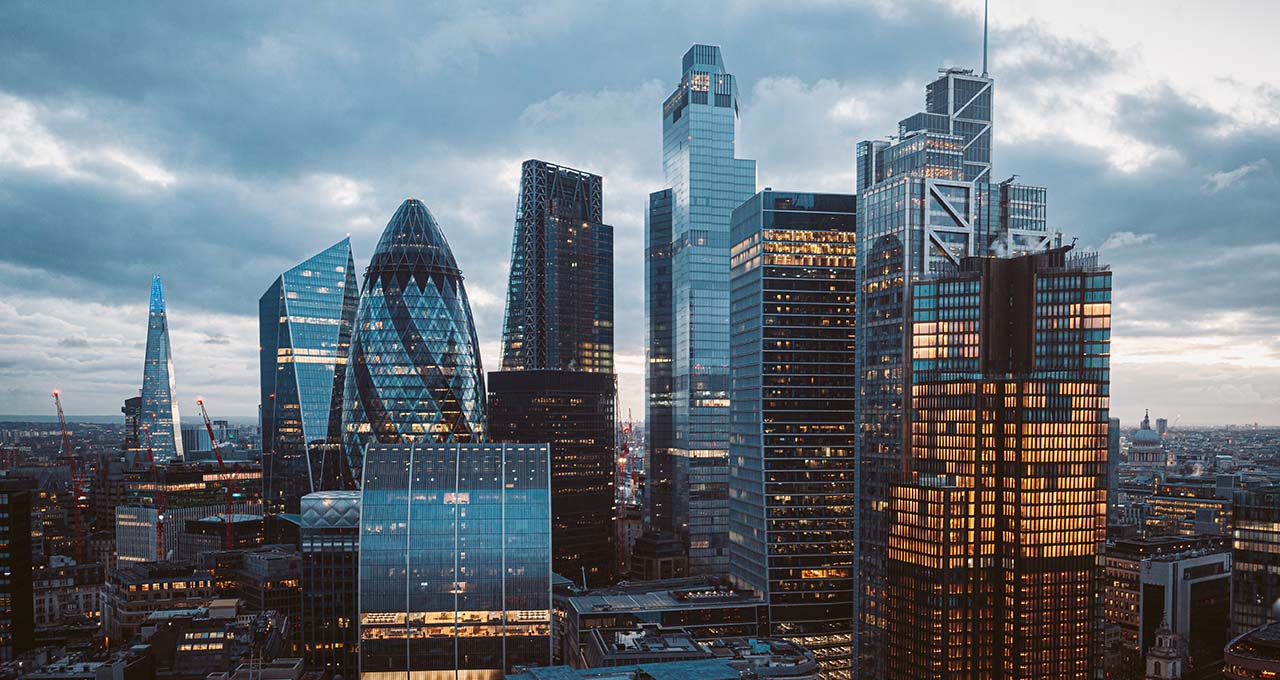 London skyline with international headquarters buildings
